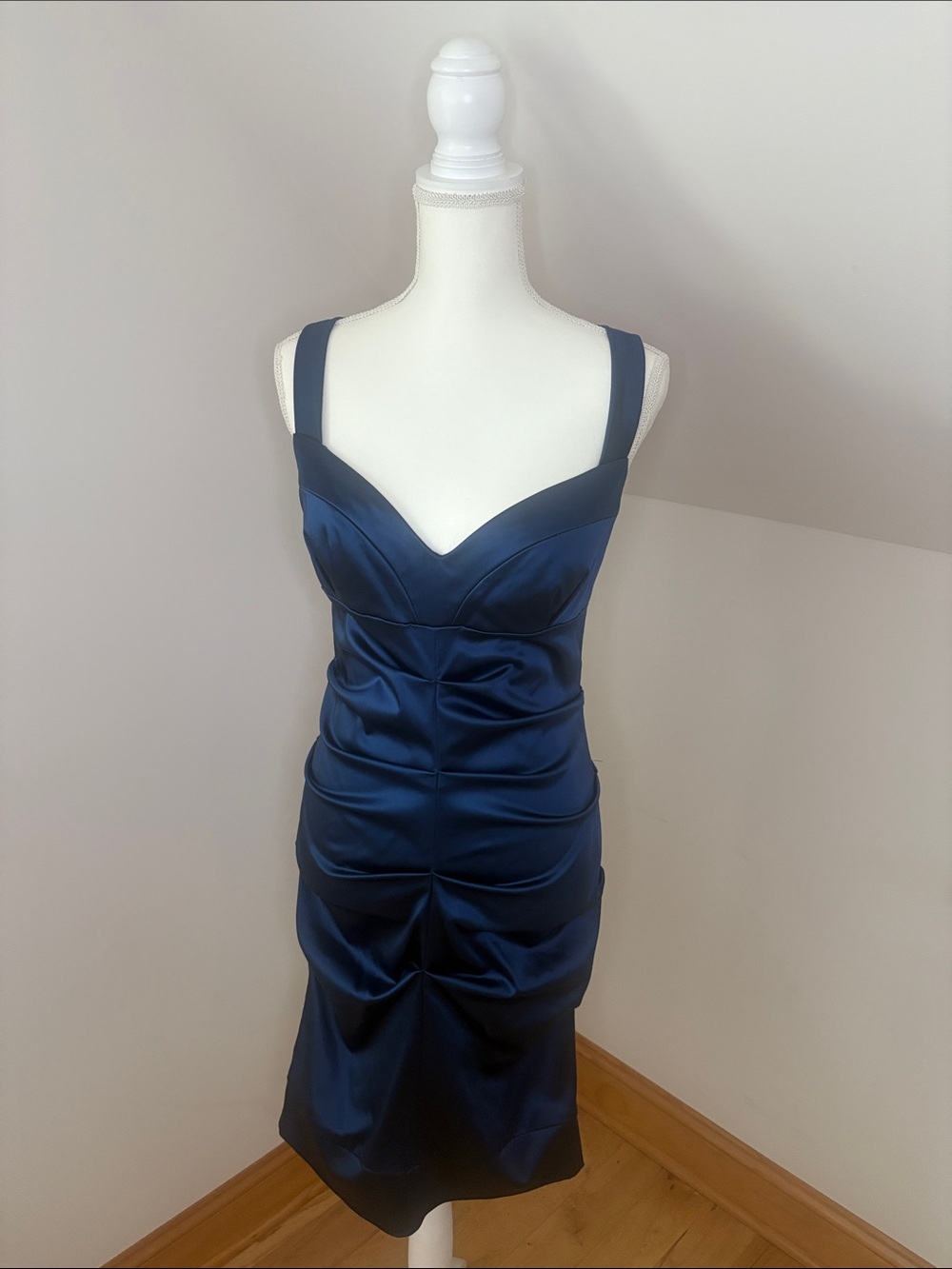Nicole Miller Midnight Blue Satin Ruched Sheath Dress